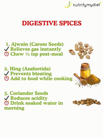 Digestive Spices for Quick Relief. Simple spices like ajwain (carom seeds), hing (asafoetida), and coriander seeds are powerful digestive aids. Learn when and how to use them for instant relief from gas and acidity.