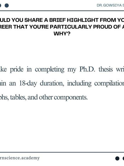 A proud career highlight for Dr. Shaik was completing her Ph.D. thesis writing in just 18 days. Her dedication and focus are an inspiration to us all.
