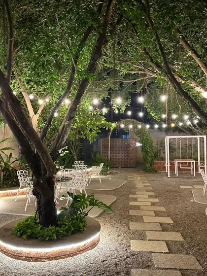 Our campsite is designed for comfort and ambiance, even after the sun goes down. This well-lit garden seating area is one of several spaces where your team can gather, relax, and socialize in a beautiful setting.