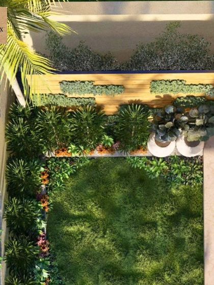 An aerial view render of a garden design. This perspective is crucial for planning the layout of lawns, pathways, and planting beds to ensure a harmonious and functional space.