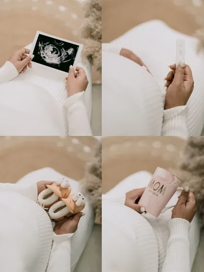 A collage showcasing the details of this new beginning: the sonogram, the positive test, tiny baby shoes, and a "Mom" mug. It's a beautiful summary of the journey to motherhood.