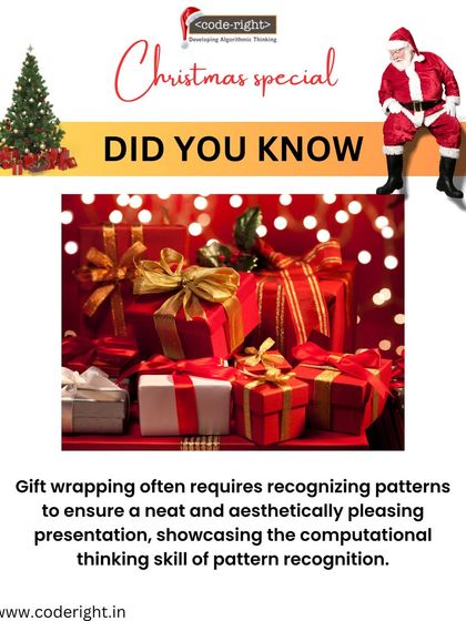 A Christmas-themed computational thinking fact! Gift wrapping requires recognizing patterns to ensure a neat presentation, showcasing the real-world application of pattern recognition skills.