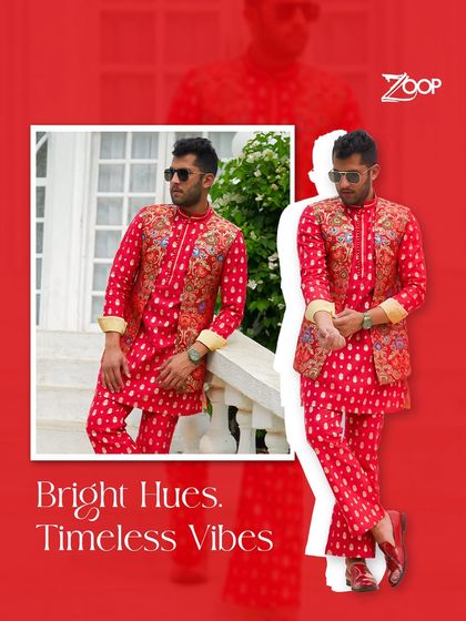 Make a vibrant statement with this red printed co-ord set from my Jazbaat collection. The bright hues and timeless bandhani-inspired pattern are perfect for festive occasions.