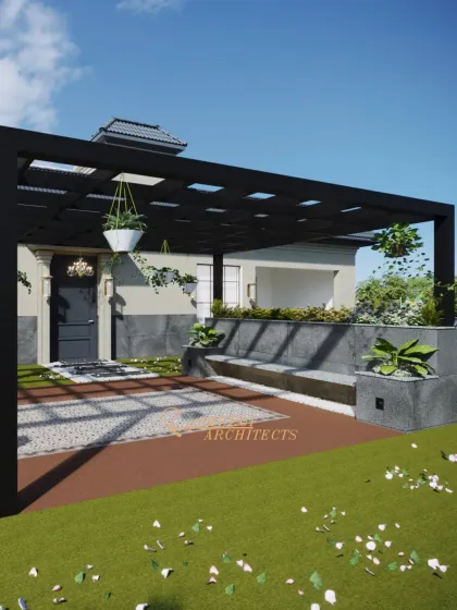 A beautifully landscaped terrace with a modern black pergola, built-in concrete seating, and a mix of lawn and paved areas.