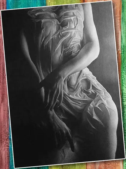 A second view of the fine art pencil portrait by Akash Maurya. This image, set against a textured background, highlights the beautiful chiaroscuro effect achieved by the artist in this study of form and fabric.