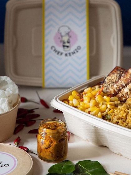 My Indonesian Nasi Goreng bowl, packed and ready to go. It comes with a side of crispy crackers and our house-made chili condiment.