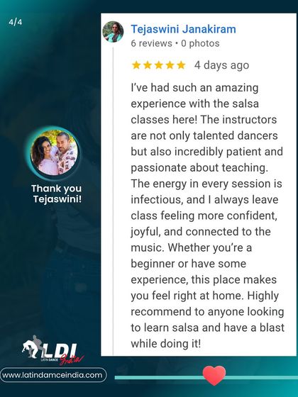 "The energy in every session is infectious and I always leave class feeling more confident, joyful, and connected." Thank you, Tejaswini. This is exactly the experience we want for every student.