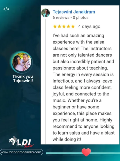 "I always leave class feeling more confident, joyful, and connected to the music." Tejaswini's experience is exactly what we hope for. Our goal is to make everyone feel right at home.