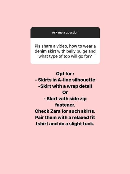 A user asked how to wear a denim skirt with a belly bulge. My advice: opt for A-line or wrap styles and pair them with a relaxed fit t-shirt with a slight tuck.