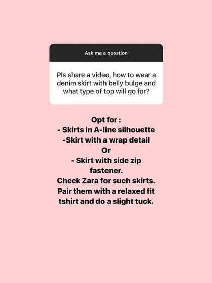 A user asked how to wear a denim skirt with a belly bulge. My advice: opt for A-line or wrap styles and pair them with a relaxed fit t-shirt with a slight tuck.