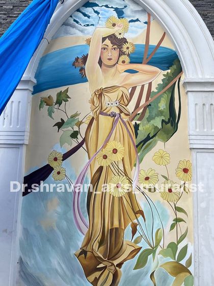 This Greek-inspired masterpiece on a double-height rooftop wall adds an enchanting touch of classical elegance. It elevates the whole space with its artistic grandeur.