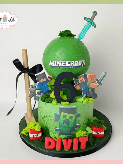 An explosive Minecraft cake for a 6th birthday. This design features a bomb-shaped top tier, TNT blocks, and game characters, ready for an action-packed celebration.