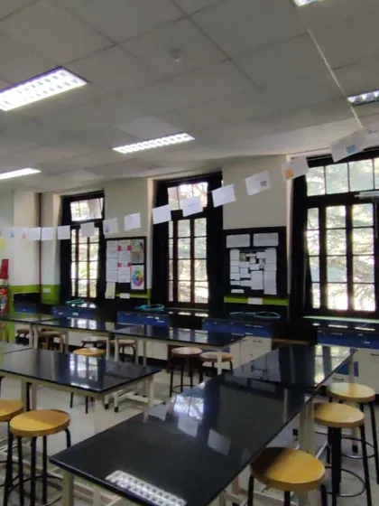 Before our intervention, the science labs were dark and cluttered, with a low false ceiling that hid the beautiful original architecture of the building.