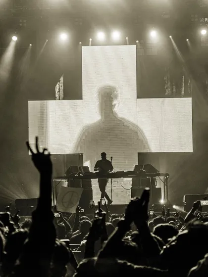 A black and white shot that captures the raw, timeless energy of a live concert.
