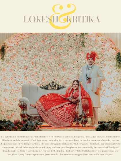 A regal portrait of Lokesh and Kritika seated on an ornate sofa against a wall of white flowers, looking like modern-day royalty.