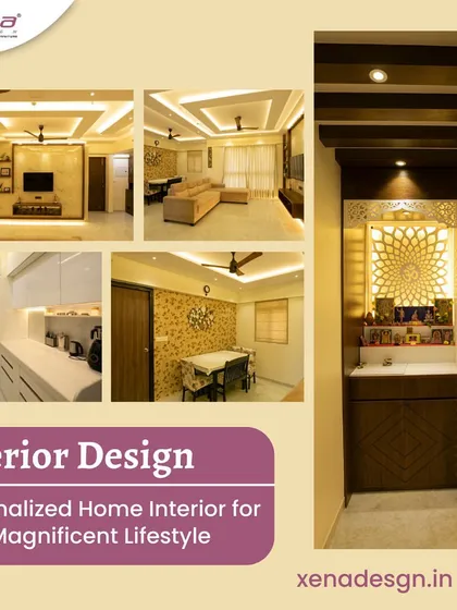 This collage provides a glimpse into a complete home interior project. It features the living room with a custom TV unit, the dining area, a modular kitchen, and a beautifully designed mandir, all tied together with warm lighting and elegant finishes.