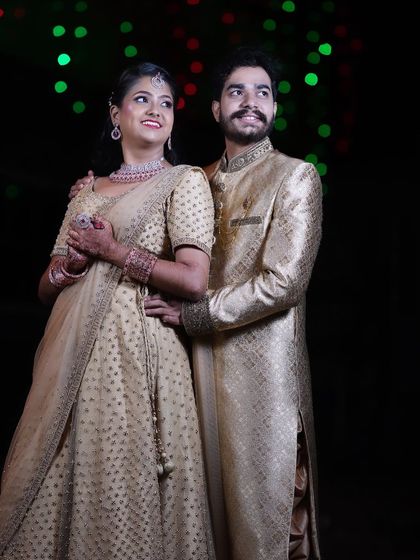 A beautiful reception look for my bride Pooja, pictured with her husband. The makeup is soft, romantic, and perfect for her evening celebration.
