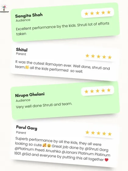"The cutest Ramayan ever" is one of my favorite compliments. These reviews from parents and audience members highlight the hard work and effort that my team and I pour into making every performance special for the children.