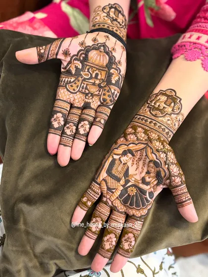 A beautiful storytelling mehndi for Rakhi, showing a couple in a loving pose. The design is filled with traditional Indian architectural motifs.