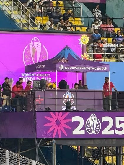 The DJ and entertainment console set up for the ICC Women's World Cup. We provide non-stop match entertainment, including DJs and MCs, to keep the stadium energy high.