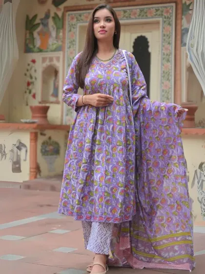 A lovely lavender block-printed suit set, complete with a matching kurta, pants, and dupatta. The soft color and traditional print create a harmonious and feminine look.