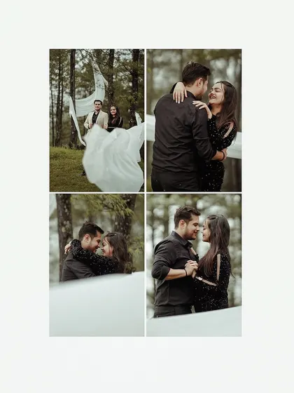 A four-panel collage showing a couple's dynamic and loving interactions in a forest, with a white sheet used as a creative prop.