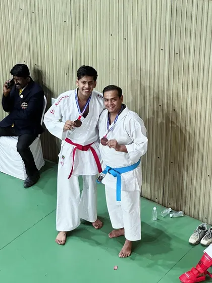 Our champions from the Maharashtra State Under-21 & Senior Karate Championship. Sensei Aman and Shandai Tanishq proudly display their bronze and gold medals, showcasing their success at the state level.