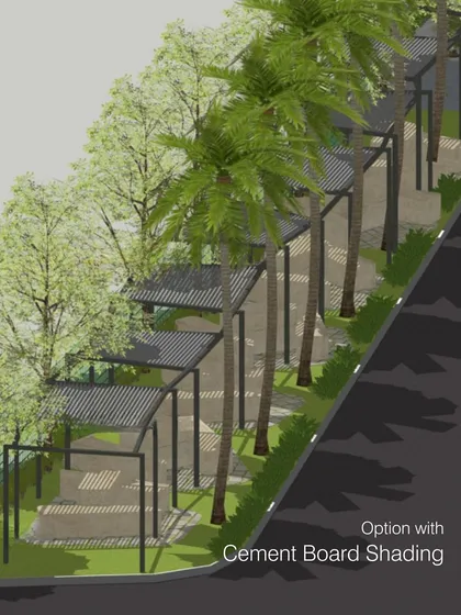 Another iteration for the same pathway, this time exploring an option with cement board shading. This process of comparing different materials and forms is crucial to our design development.