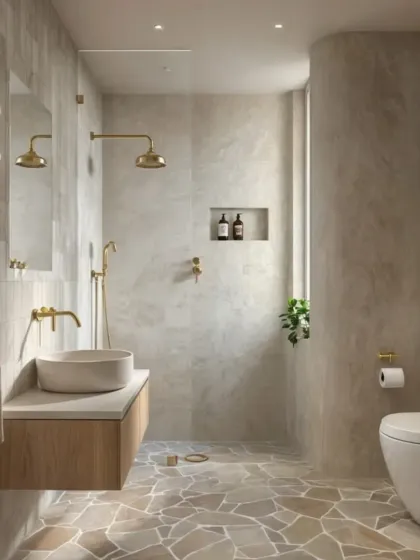 A bathroom design that uses natural stone flooring and textured tiles to create an earthy and organic feel. The gold fixtures add a touch of warmth and luxury.