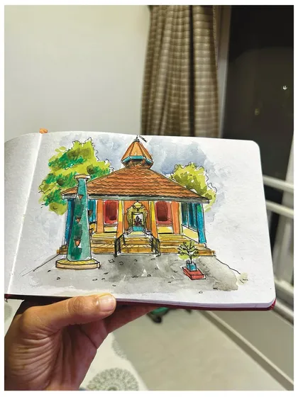 A watercolour painting of a beautiful 100-year-old temple just a short walk from my home. Knowing the panditji and the shopkeepers makes sketching places like this feel even more personal.