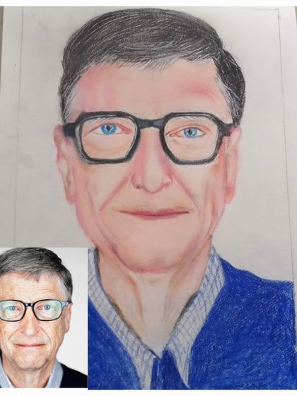 A student's finished color pencil portrait of Bill Gates, created as part of our 5-day portrait series. A great example of capturing a likeness with pencils.
