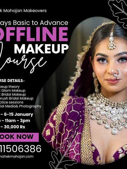 The official poster for my 10-day Basic to Advance Offline Makeup Course. It details the curriculum, including theory, live demos, and hands-on practice sessions.
