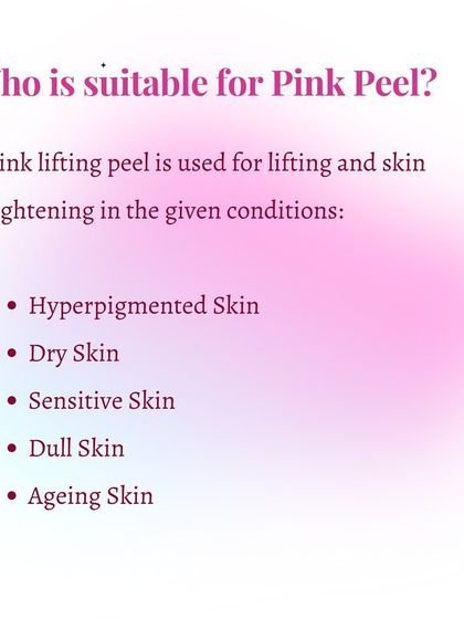 This graphic explains who is a suitable candidate for the Pink Peel. It is an effective treatment for lifting and tightening various skin conditions, including hyperpigmented, dry, sensitive, and aging skin.