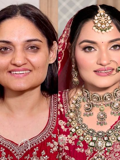 A radiant bridal transformation that speaks for itself. I focused on creating a luminous base and soft, defined eyes to complement her beautiful red lehenga.