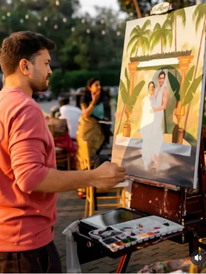 Vivek focused on capturing the couple in their traditional South Indian wedding attire. The details are what bring the painting to life.