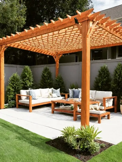 A beautiful wooden pergola with a lattice roof cover, providing filtered sunlight for the seating area below. The structure is set on a light concrete patio, surrounded by a neat lawn and privacy fence.