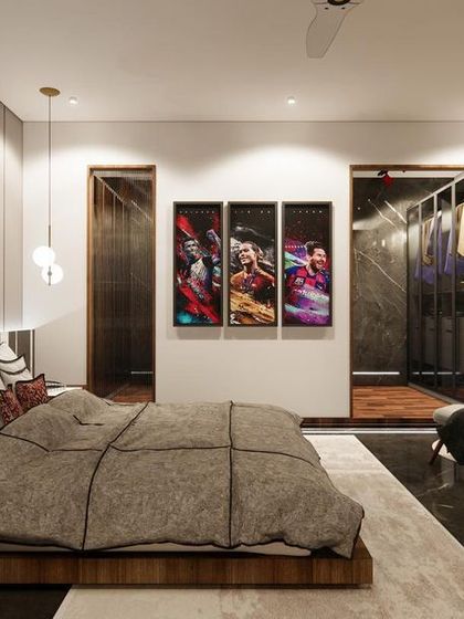 Another view of the grey-toned bedroom, highlighting the platform bed and the dramatic artwork. The use of marble flooring and a full-length mirror adds a touch of luxury.