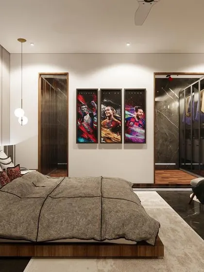 This bedroom render highlights the use of dramatic art and a walk-in closet with smoked glass doors, blending functionality with a bold, personal style.