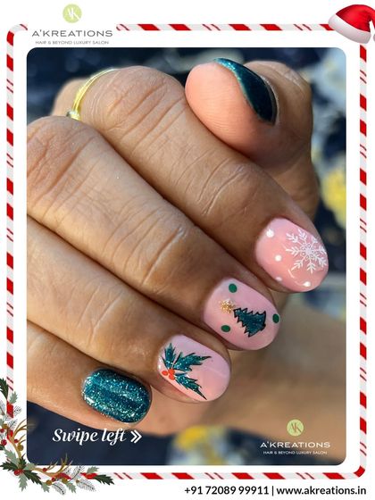 A playful and chic Christmas design combining glittery teal polish with pink accent nails decorated with a Christmas tree, holly, and a delicate snowflake.