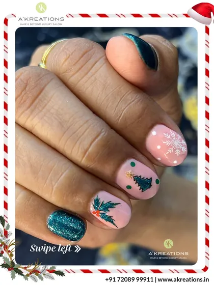 A playful and chic Christmas design combining glittery teal polish with pink accent nails decorated with a Christmas tree, holly, and a delicate snowflake.