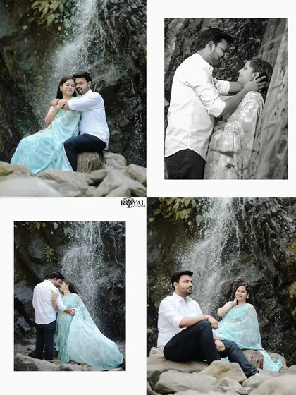 A collage of a couple in light blue outfits sharing intimate moments by a waterfall, with a mix of color and monochrome edits.