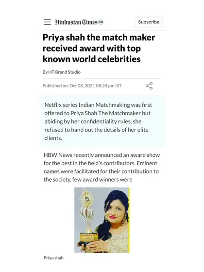 Hindustan Times reported on the Global Achievers Award I received alongside world-renowned celebrities. The article also mentions that while I was offered the Netflix series 'Indian Matchmaking', I declined to protect the confidentiality of my elite clients.