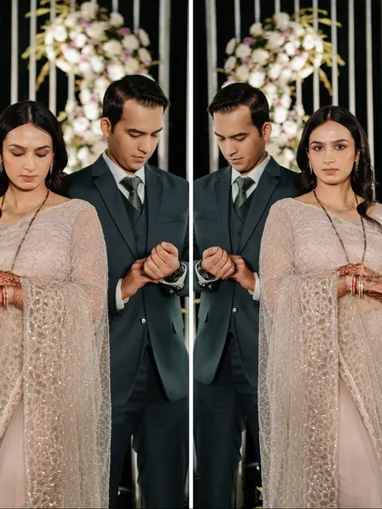 A creative, mirrored portrait of the couple, reflecting their unity and the start of their shared journey.