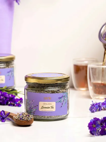 Here, I created a scene showing lavender tea being prepared. The focus is on the jar of loose-leaf tea, with a spoonful of lavender and a freshly poured cup in the background, illustrating the product in use.