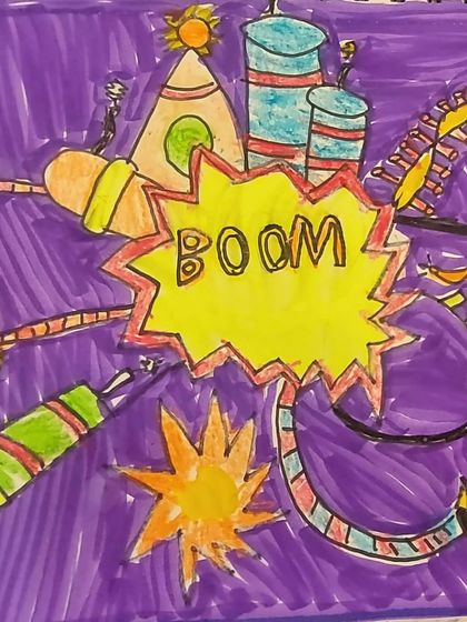 BOOM. This drawing captures the sound and energy of firecrackers with explosive lettering and dynamic lines, teaching the basics of onomatopoeia in comic art.