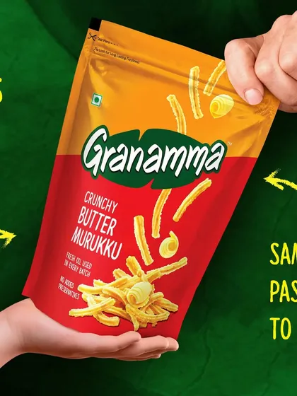 This shot for Granamma's Butter Murukku uses hands to create a sense of sharing and tradition. The graphic elements and text overlays are part of the packaging design, and my role was to create the central, appealing product image.