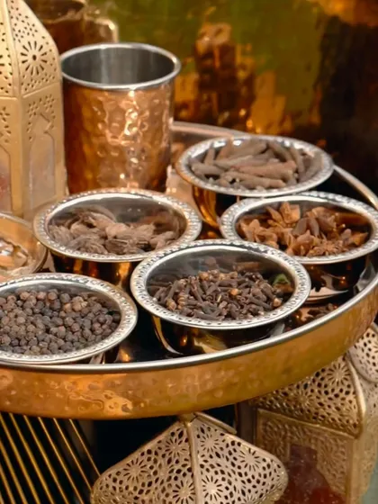 The heart of Mughlai flavour. A tray of whole spices like black pepper, cloves, and star anise, which form the aromatic base of our royal dishes like Galouti Kebab.