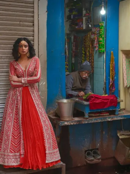 A dramatic and powerful bridal look. This red gown features a long, embroidered jacket, blending modern structure with traditional Indian artistry for an unforgettable entrance.