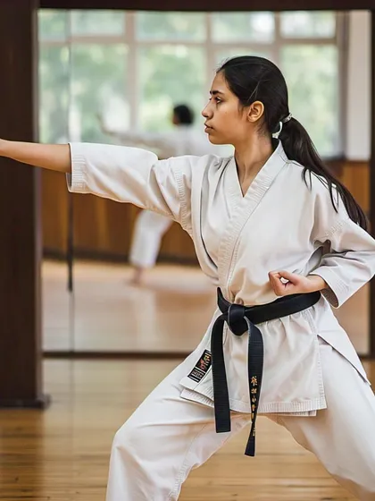A female student demonstrates a perfect karate block. Her form, focus, and intensity show the dedication we expect from our black belts.