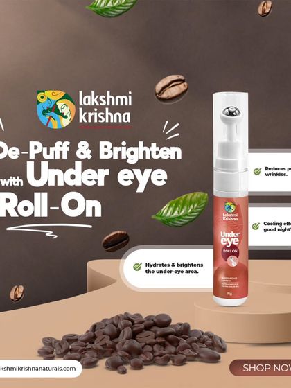 De-Puff and Brighten with our Under Eye Roll-On. This graphic explains how the product reduces puffiness and wrinkles, provides a cooling effect, and hydrates the under-eye area.